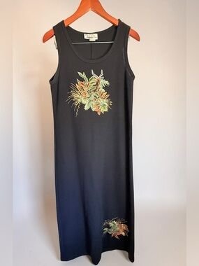 Judy Meyers for Designer Times Black Tropical Bird Art Midi Dress Size M